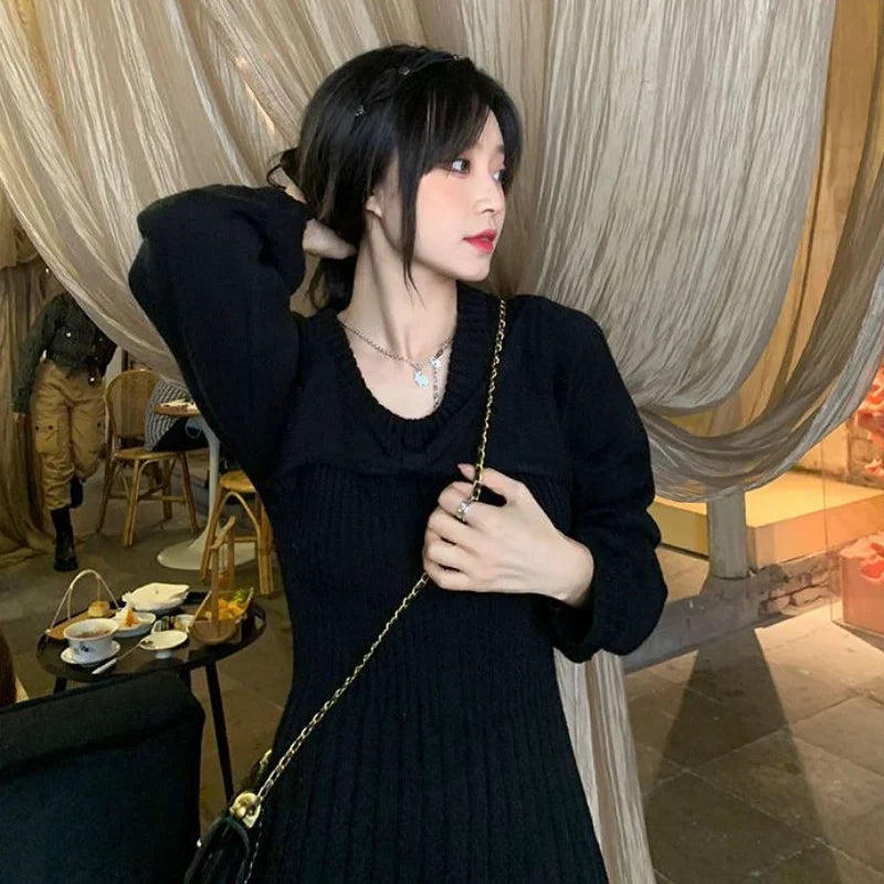 Loose Female Knit Dresses Sexy Winter High Quality Autumn Korean Fashion Elegant Midi Women Knitted Sweater Dress Long New