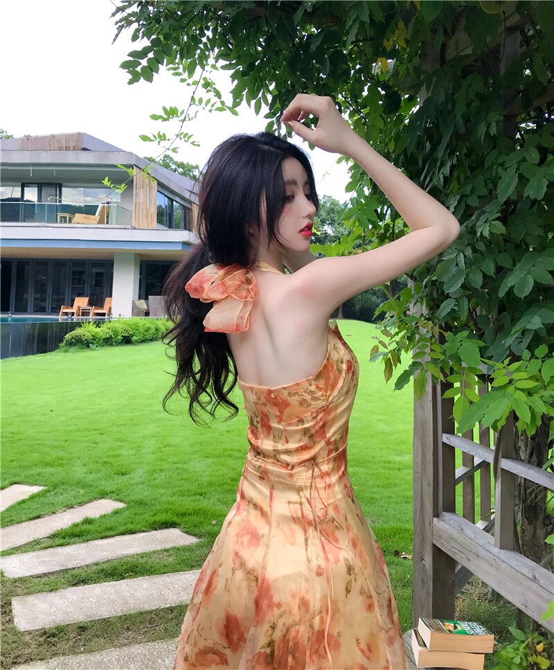 Women Midi Floral Halter Slip Dress Summer Vintage Painting Flowers Backless Casual Party Night Vacation Runway Vestidos