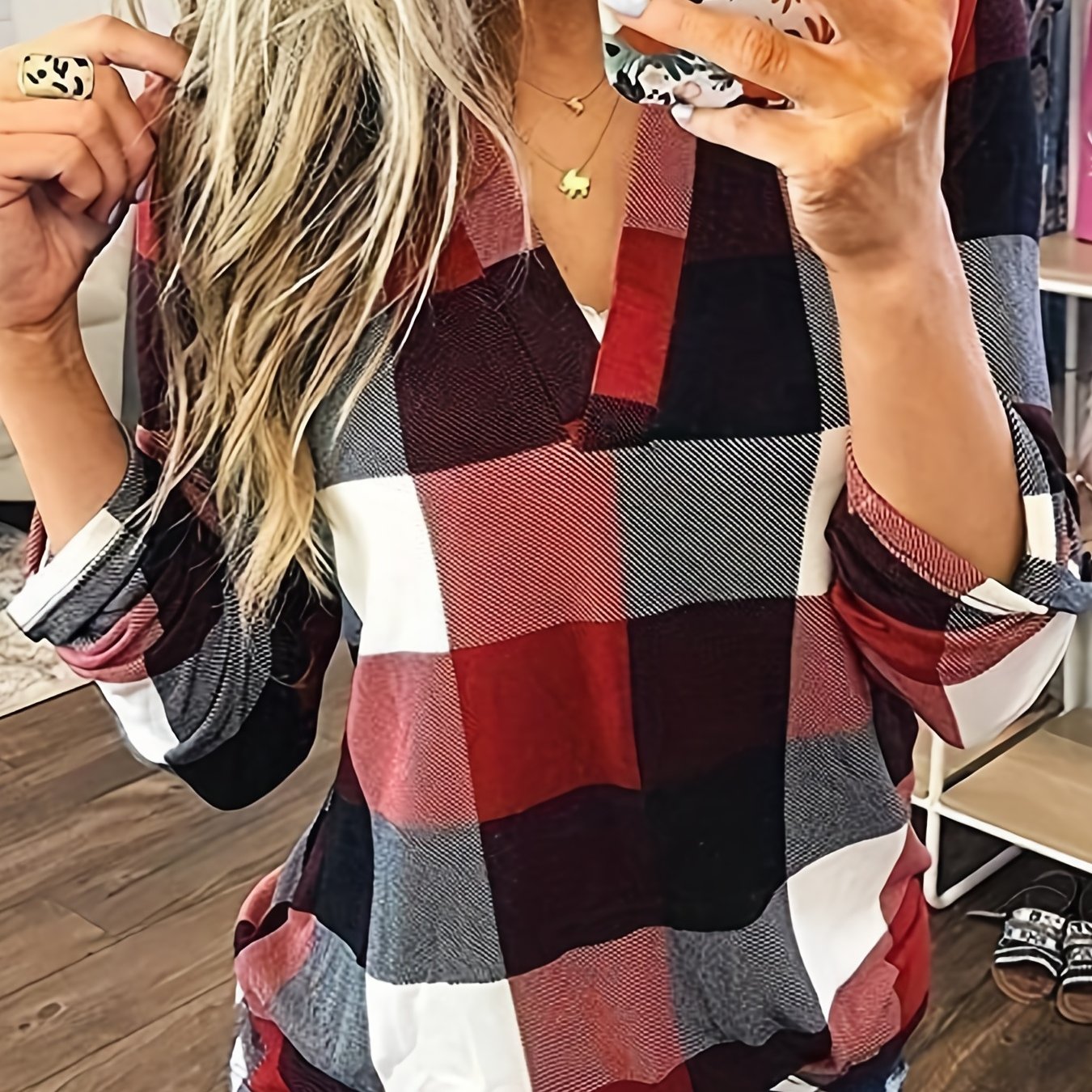 Casual Plaid Shirt, Long Sleeve V-neck Shirt, Casual Every Day Tops, Women's Clothing