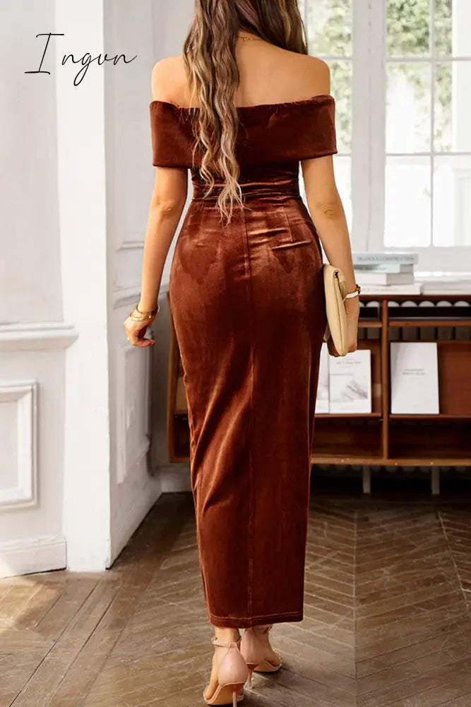 Ingvn - Elegant Solid Fold Off the Shoulder One Step Skirt Dresses