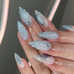 24pcs 3D Droplet Shell Press on Nails Light Blue Sea Almond Shaped Fake Nail Patches Fashion y2k Art Style False Nail Wearable