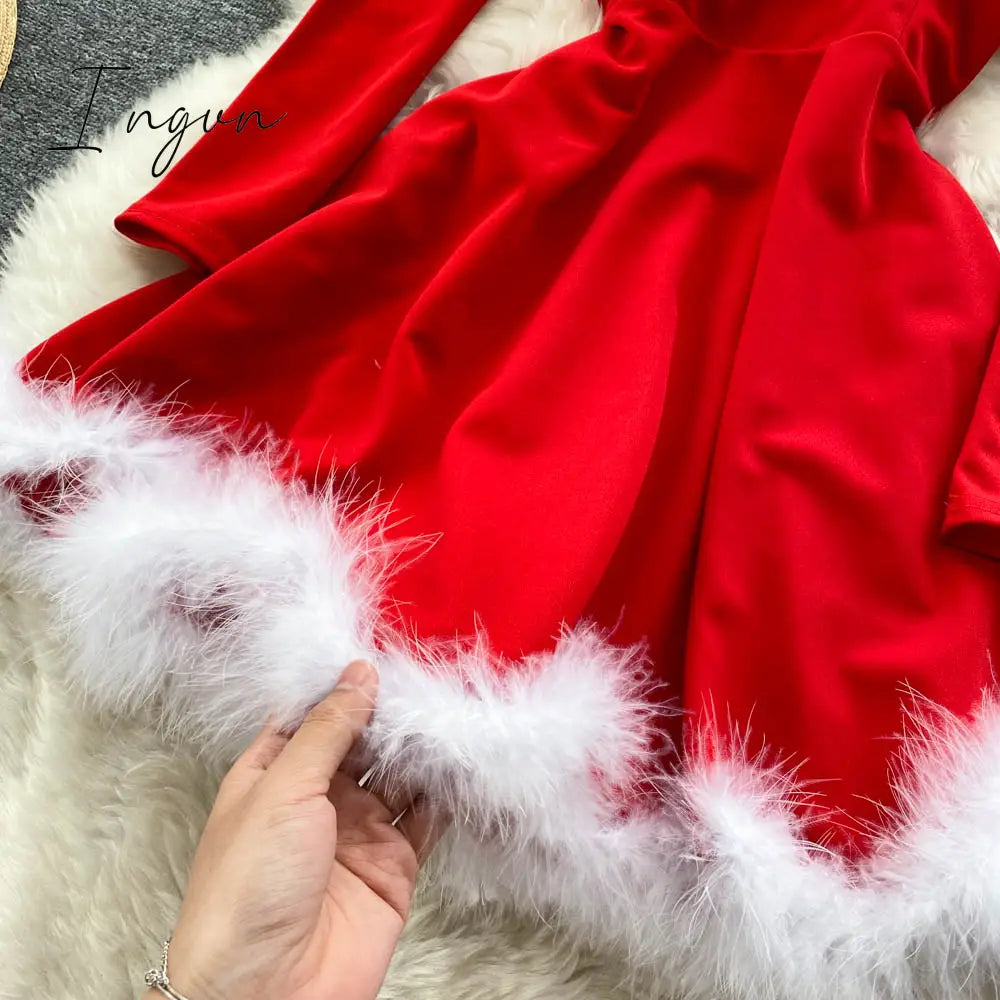 Ingvn - Gifts For Women Elegant Dress For New Year Strapless Backless Furry Sexy Short Mini Christmas Dress Navidad Red Party Dress Femme