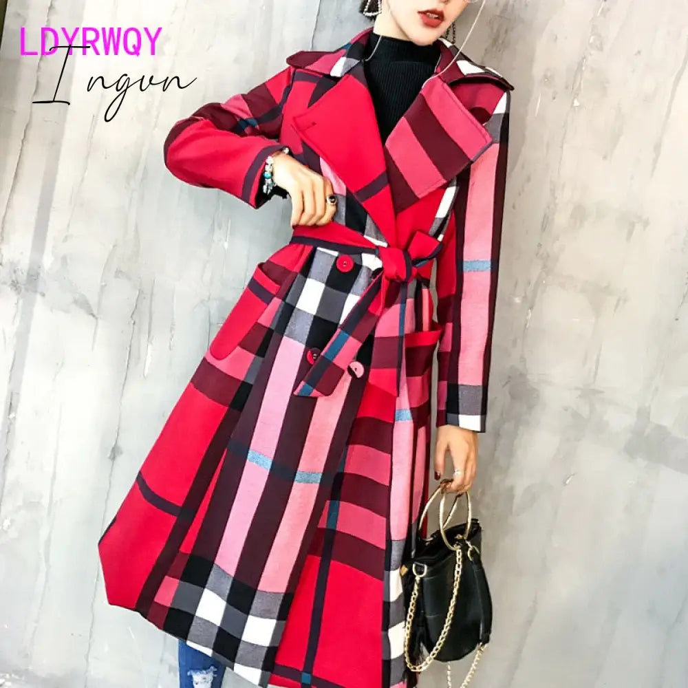 Ingvn - Thickened autumn and winter new women's lapels in the long simple color matching retro plaid coat temperament windbreaker