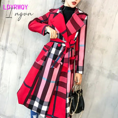 Ingvn - Thickened autumn and winter new women's lapels in the long simple color matching retro plaid coat temperament windbreaker