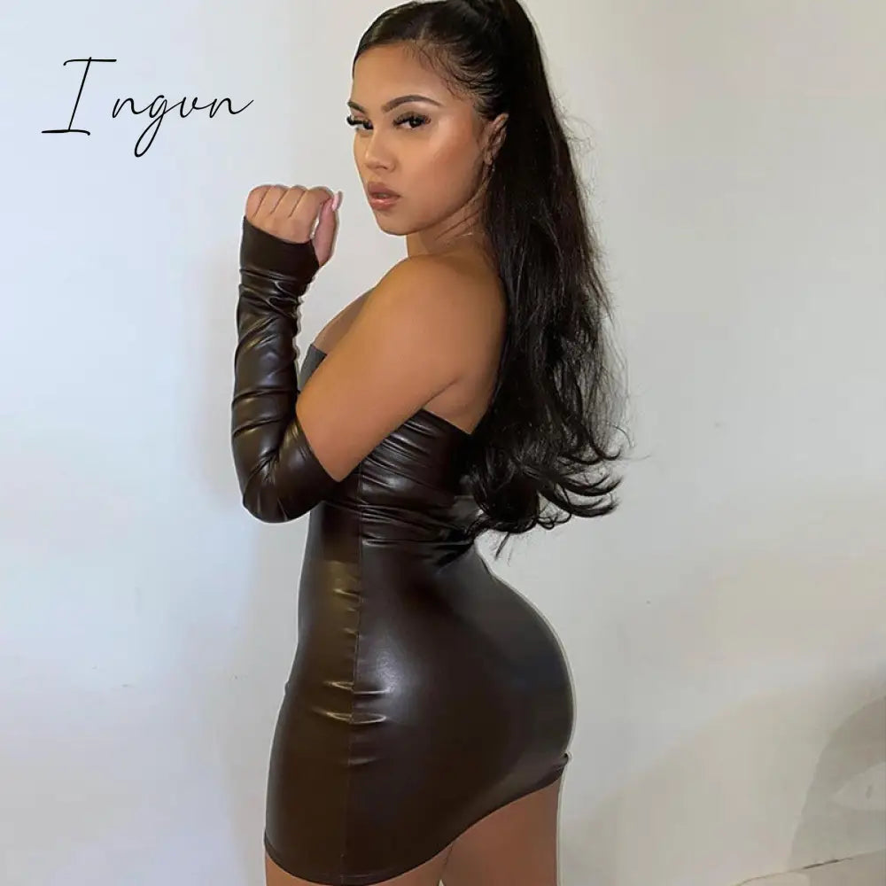 Ingvn - Faux PU Leather With Gloves Party Dress Women Backless Sexy Hot Clubwear Skinny Slim Solid Fashion Bodycon Mini Dresses