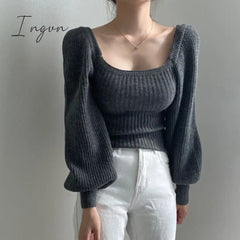 Ingvn - Knitted Women's Sweater Vintage Pullover Long Puff Sleeve Pink Square Neck Top Korean Fashion Style Autumn Winter Clothing
