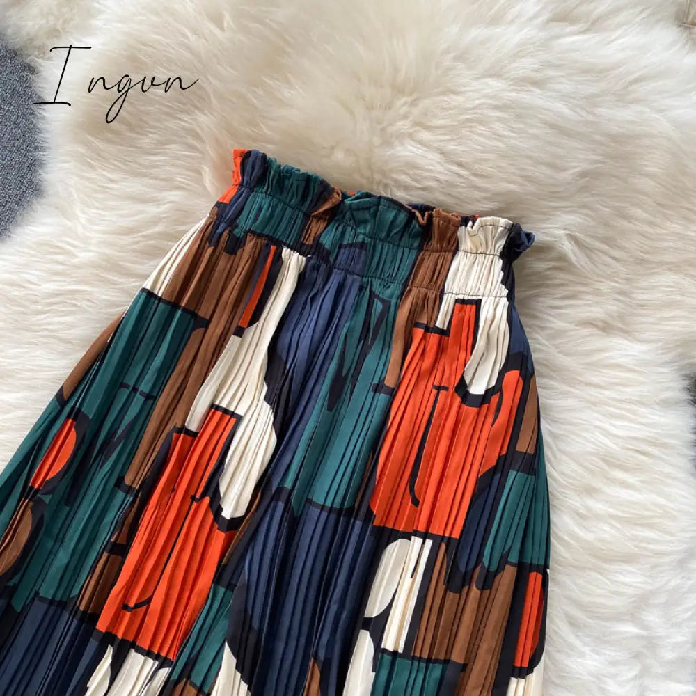 Ingvn - Women's Dress Spring Retro Print Casual Set Design Batwing Sleeve Single Breasted Blouse+High Waist Long Pants Two Piece Suits