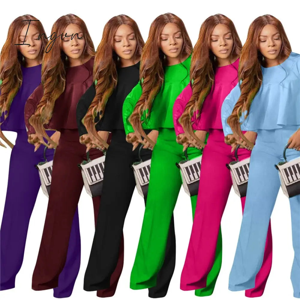 Ingvn - 2023 Elegant Work Wear Two Piece Set Fall Clothes for Women Ruffles Crop Top and Wide Leg Pants Suits Matching Sets Sexy Club Outfits