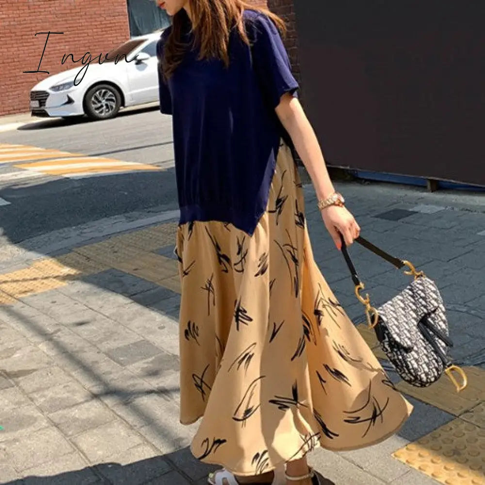 Ingvn - Autumn Women Plus Size XL-5XL Ladies Long Sleeve T-Shirt Dress Patchwork Print Robe Fake Two Piece Dress D08108R
