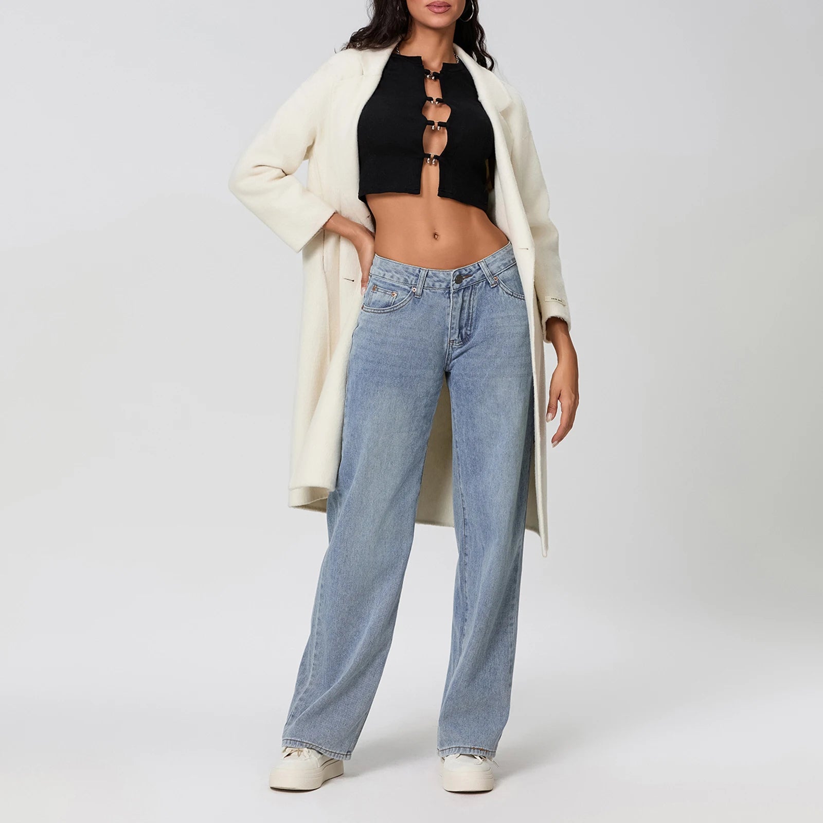 Women's Denim Pants Low Waist Wide Leg Trousers with Pockets Spring Summer Casual Loose Jeans