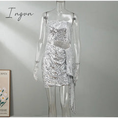 Ingvn - Female Sexy Solid Sequins Off Shoulder Mini Dress Women Elegant Strapless Sleeveless Dresses Lady Fashion Night Party Vestidos