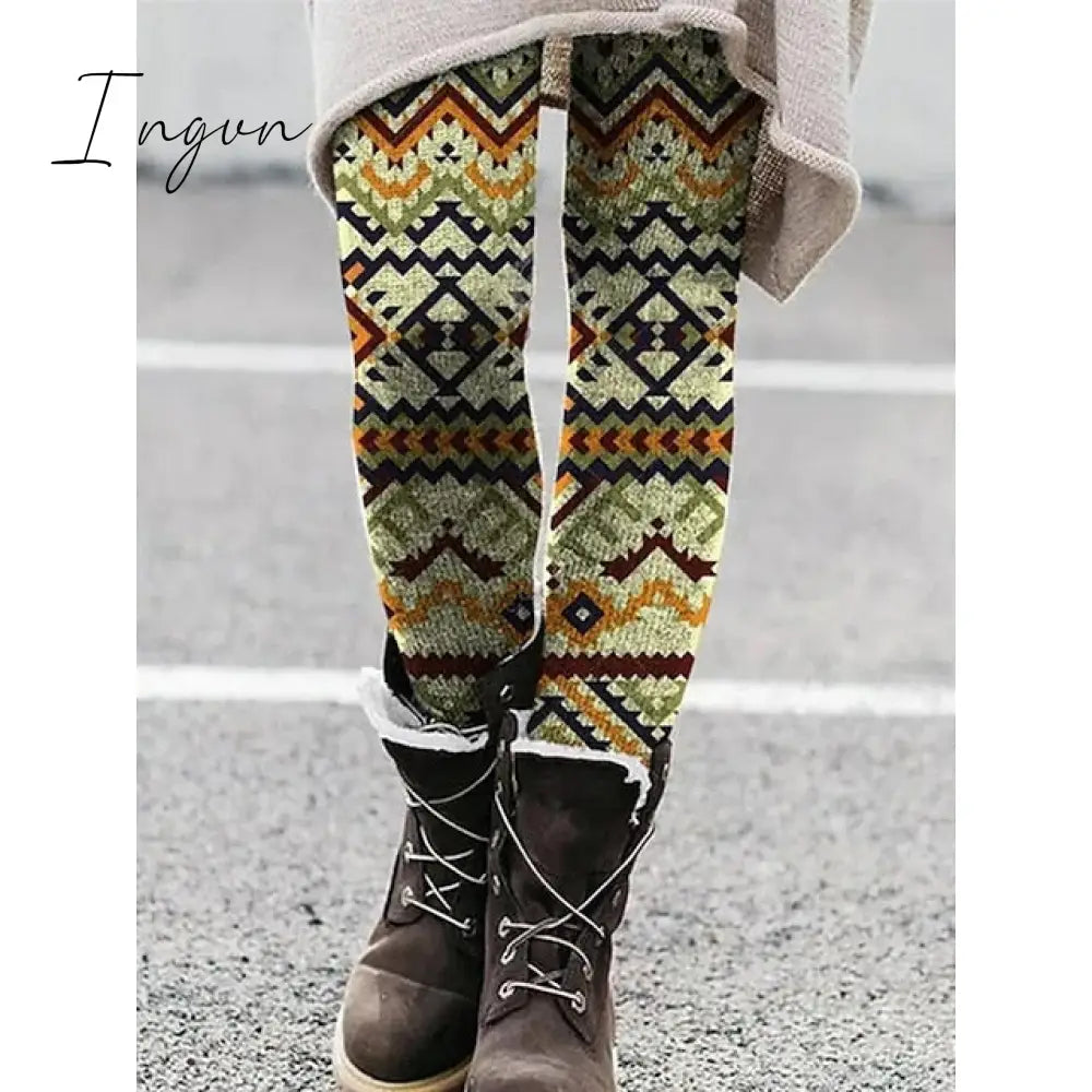 Ingvn - Women's Tights Leggings Full Length Print Stretchy High Waist Fashion Halloween Casual Daily Red & White Green S M