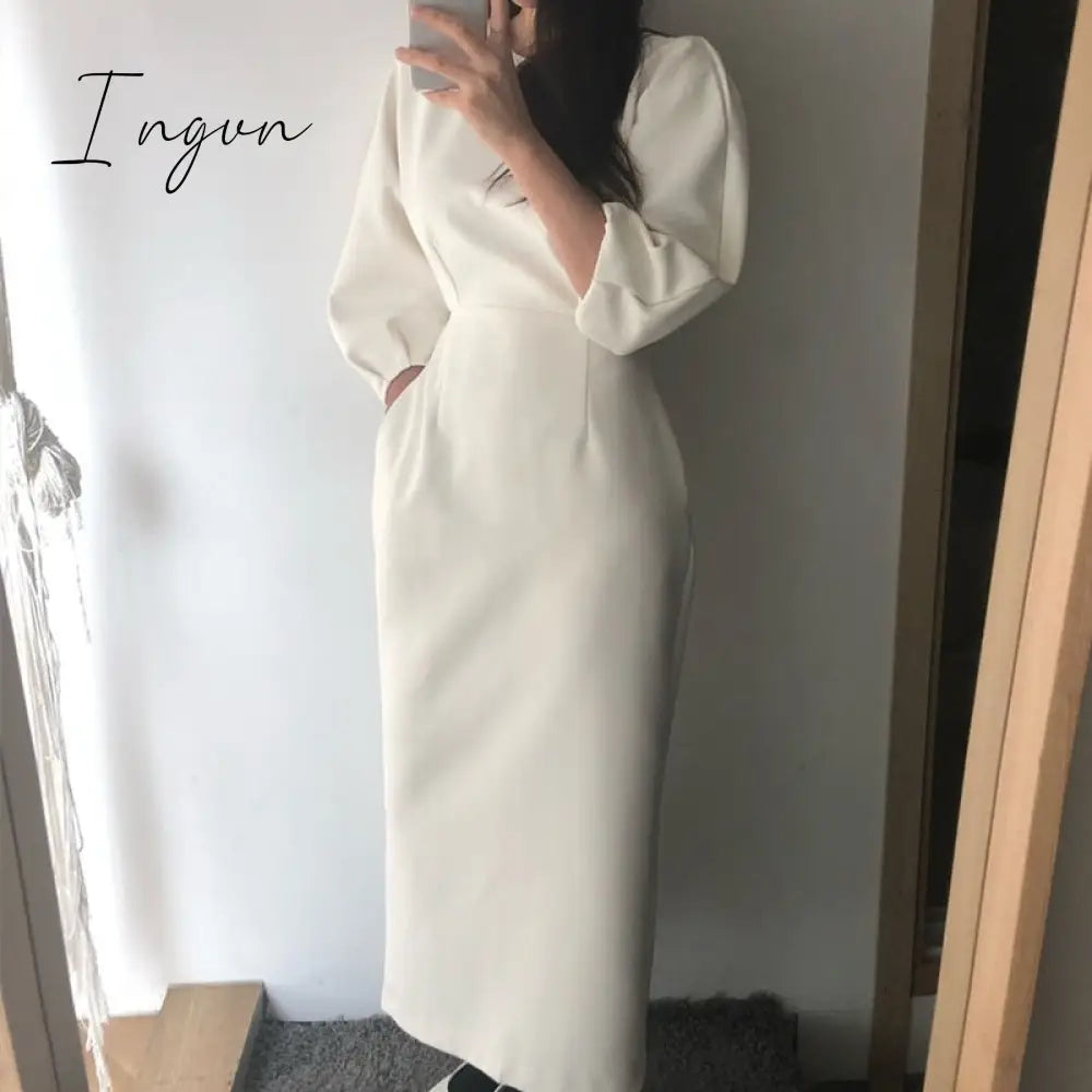 Ingvn - Elegant Ladies Office Dress Fashion Sexy  Solid Color Dress Women Slim Midi Dress Vestidos OL