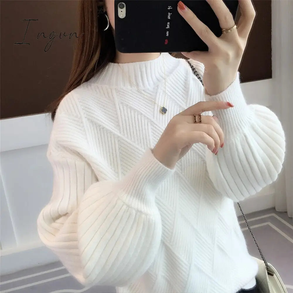Ingvn - Gifts For Women Half-neck sweater women autumn winter new knitted sweater loose round sweater mujer solid color bat sweater Jumper