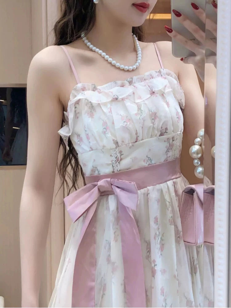 2025 Summer French Sweet Floral Sling Dress Women Bow Tie Mesh Slim Fit Dresses Korean Elegant A-Line Casual Fashion Clothing