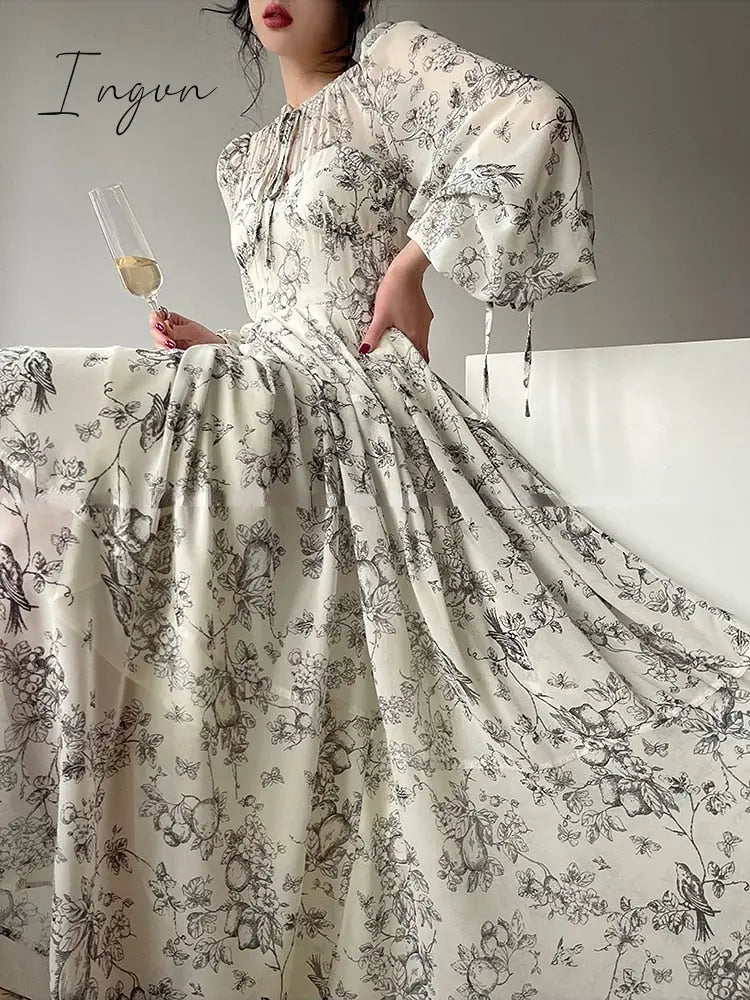 Ingvn - French Elegant Floral Midi Dress Woman Evening Party 2023 Summer Beach Fairy Long Sleeve Sundress One Piece Dress Korean Fashion