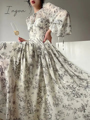 Ingvn - French Elegant Floral Midi Dress Woman Evening Party 2023 Summer Beach Fairy Long Sleeve Sundress One Piece Dress Korean Fashion