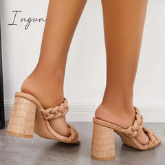 Ingvn - Square Toe Block High Heels Backless Slip on Mule Sandals