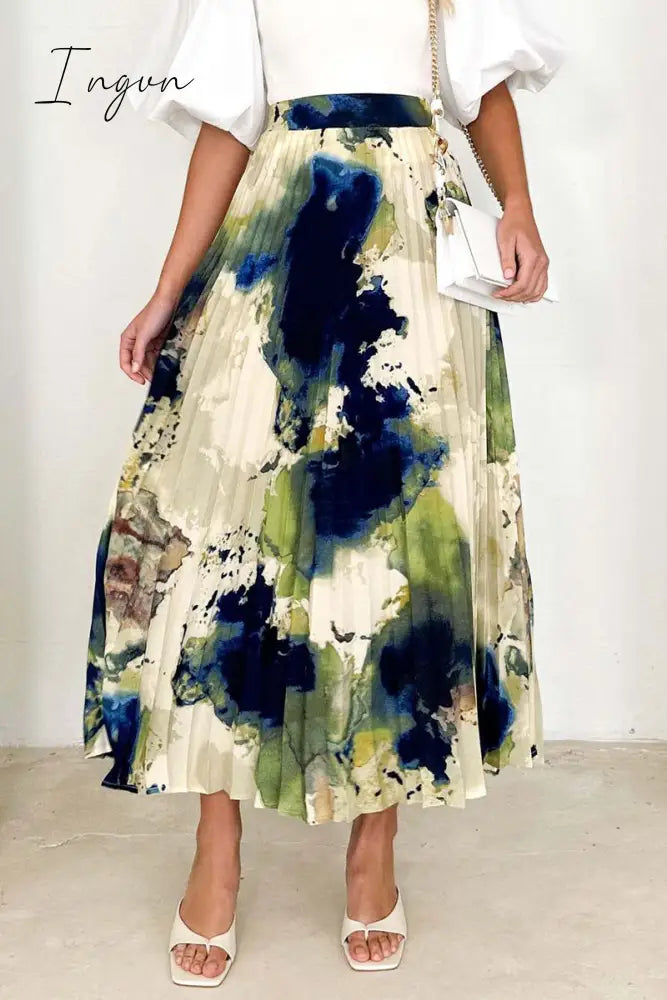 Ingvn- Elegant Gradual Change Print Pleated High Waist Type A Full Print Bottoms