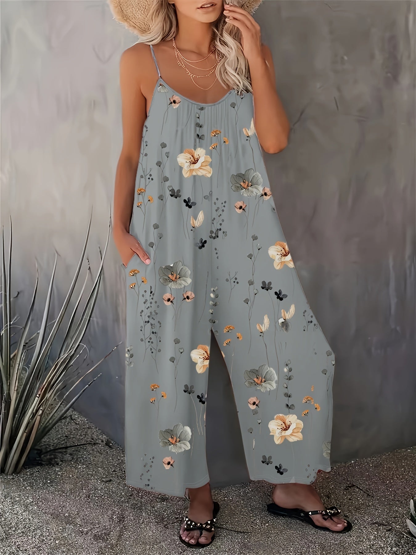 Floral Print Cami Jumpsuit, Casual Sleeveless Jumpsuit With Pockets For Spring & Summer, Women's Clothing