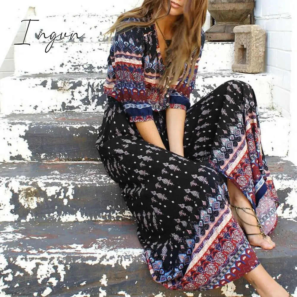 Ingvn - 2023 Fashion Summer Boho Beach Dress Fashion Floral Print Ethnic Long Maxi Dress Woman Party Night Elegant Dress