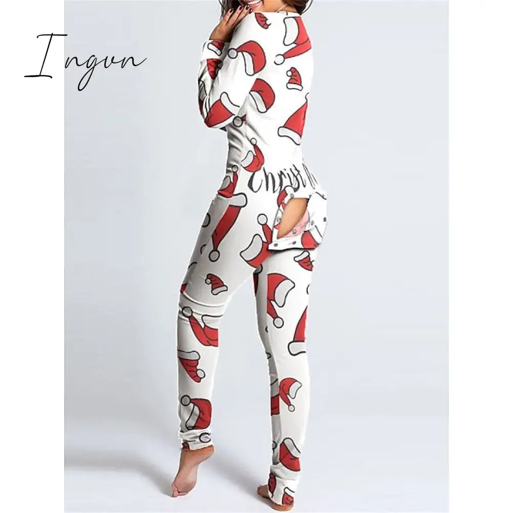 Ingvn - Women's Pajamas Jumpsuit Elk Snowflake Casual Comfort Soft Home Christmas Daily Polyester Breathable V Wire Long Sleeve Hole Fall Winter White Red
