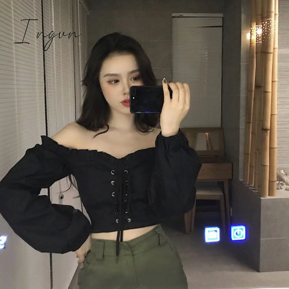 Ingvn - Womens Off Shoulder Top Long Sleeve Ruffle Vintage Blouse With Puff Sleeves Lace Up Ladies Tops Bandage Crop Tops Black White