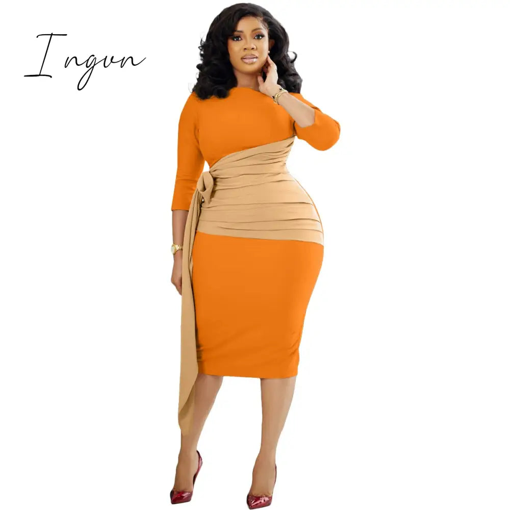 Ingvn - Autumn Fashion Elegant Colorblock Lace-Up Dress Women Office Ladies OL Colorblock Slim Dress Women