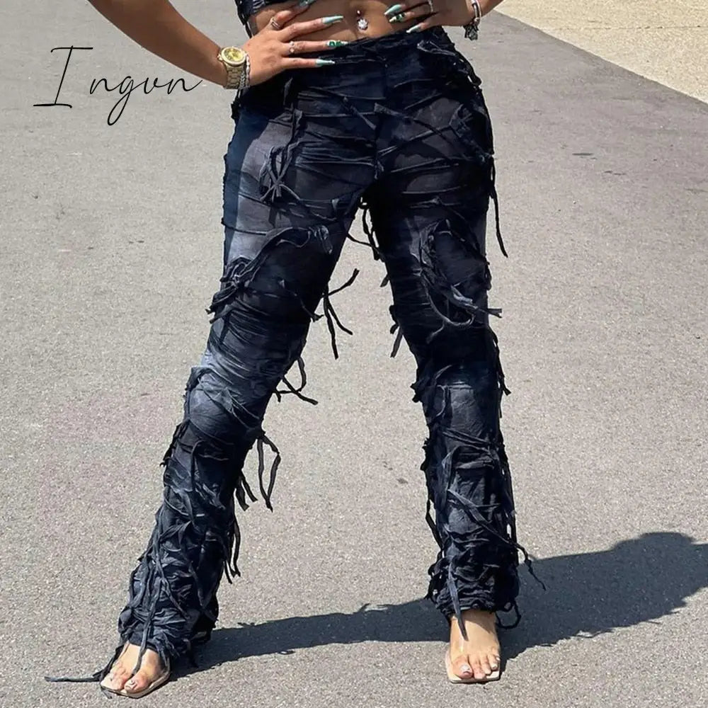 Ingvn - Tie Dye Fringe Pant Cargo Trousers Y2K Streetwear Fashion 2023 Women Summer Clothes Pencil Casual Tassel Sweat Pants Joggers