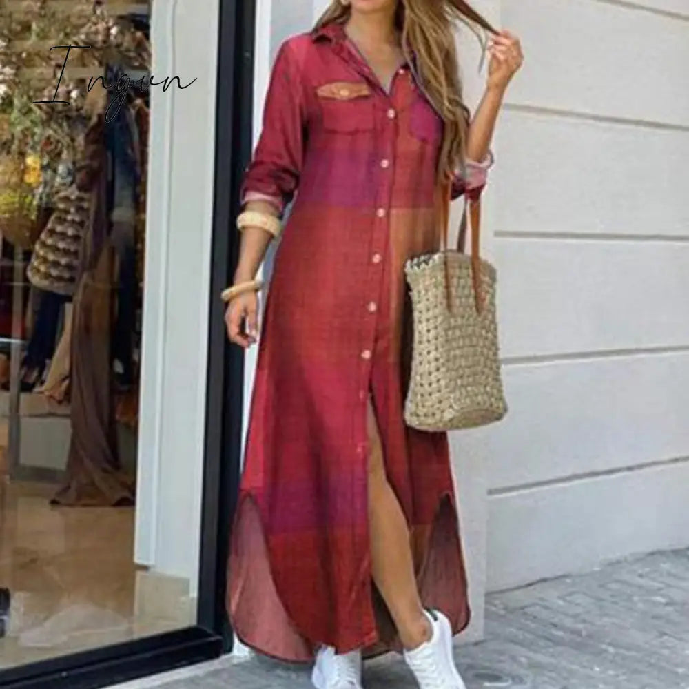Ingvn - Fashion Women Long Sleeve Shirt Dress Autumn  Printed OL Long Dresses Laides Turn-down Collar Loose Sundress Party Dresses