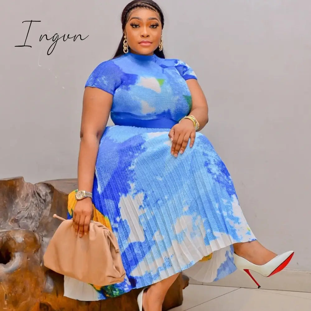Ingvn - Long Pleated Dress Sets Women 2 Piece Outfits Summer Short Sleeve Gardient Print Swing Skirt Set Elegant Casual 2023 New In