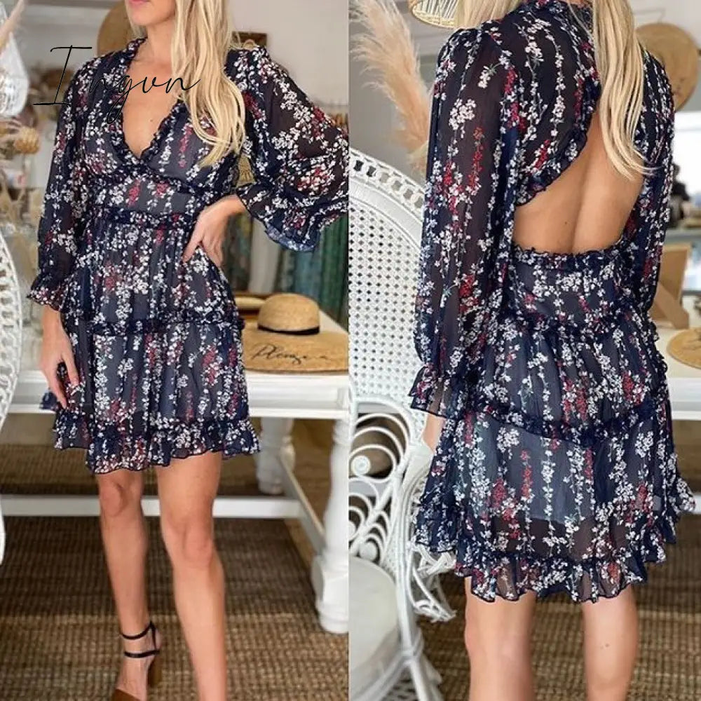Ingvn - Harlow Floral Print Ruffle Dress women backless V-neck dress women mini summer dress ladies party dress
