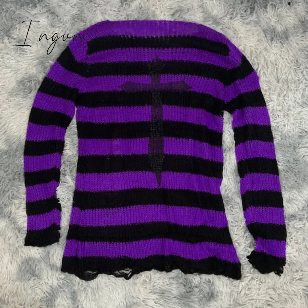 Ingvn - Plus Size Punk Gothic Long Unisex Sweater Dress Women Man Striped Cool Hollow Out Hole Broken Jumper Loose Rock Thin Sweter