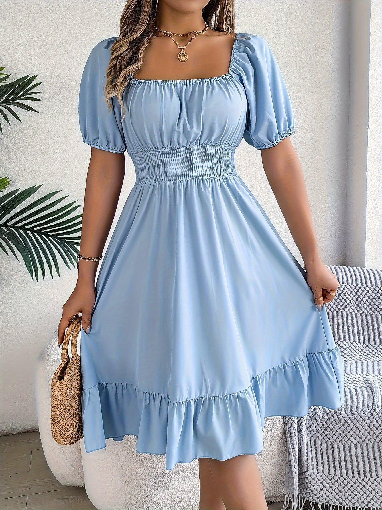 Solid Puff Sleeve Square Neck Waist Dress, Elegant Ruched Bust Ruffle Hem Dress, Women's Clothing Wedding graduation engagement occasion ceremony party holiday vacation birthday