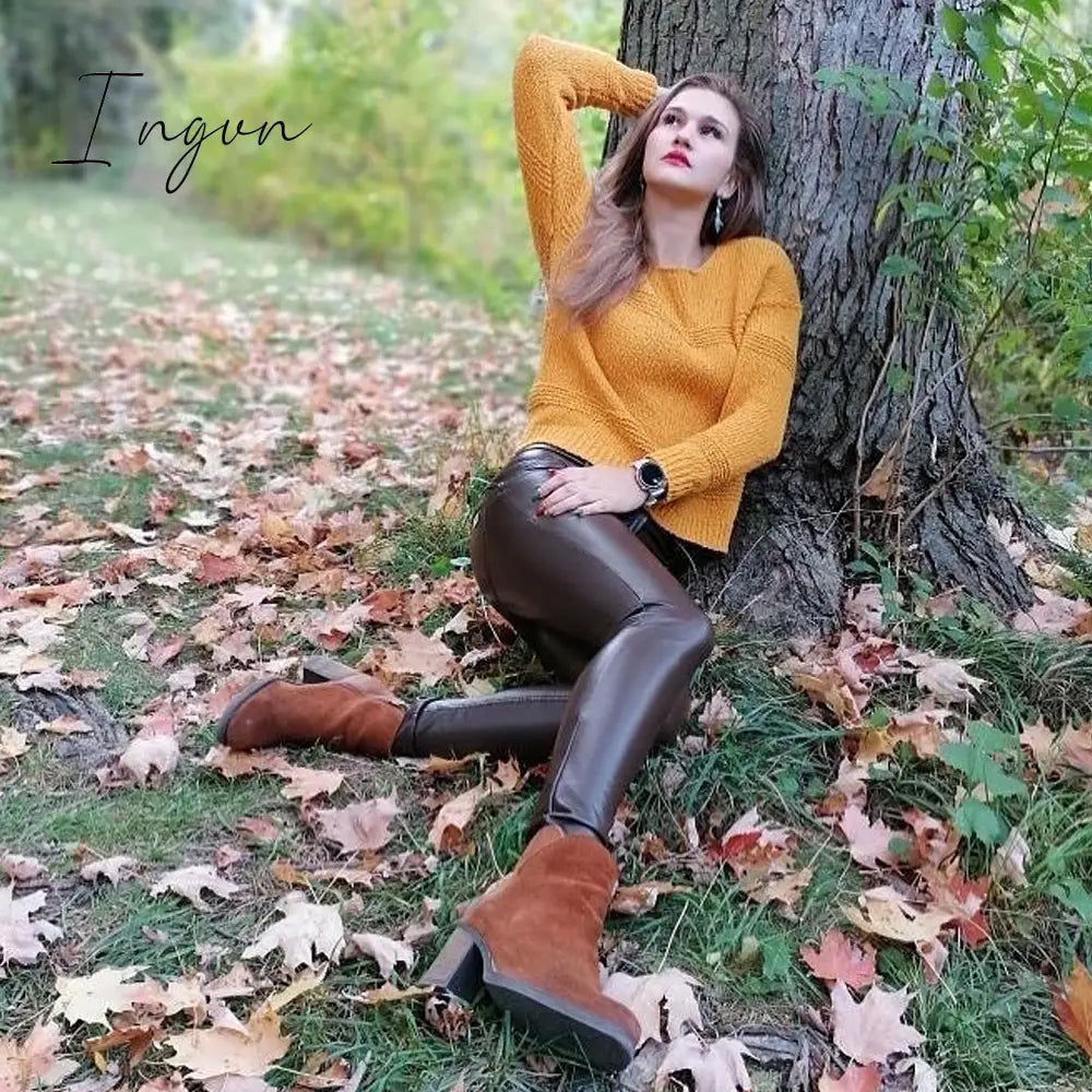 Ingvn - Melody Brown Leather Pants Vintage Trausers Women Leggings Pvc Sexy Comfortable Moto Work Pants Woman Vinyl Trousers