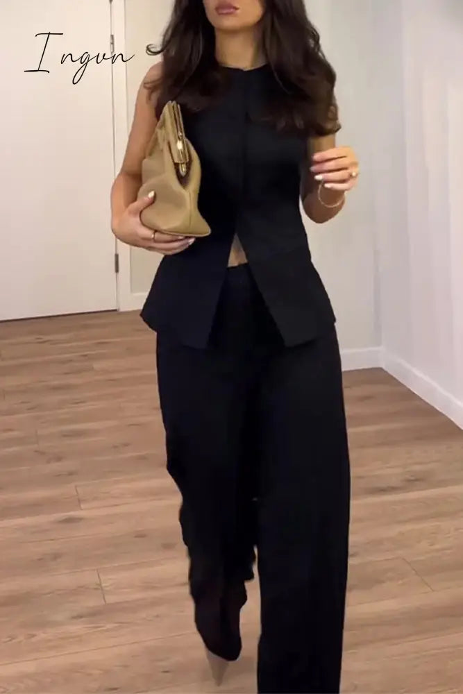 Elegant Simplicity Solid Slit O Neck Sleeveless Two Pieces