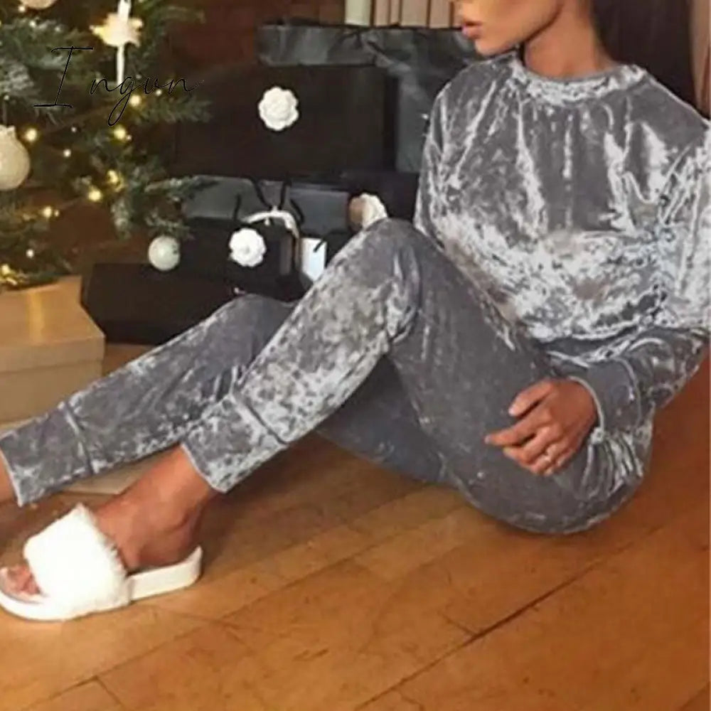 Ingvn - Autumn Velvet Tracksuit Women Sets Two Piece Winter Velour Tracksuit Ladies Sweat Suit 2 Piece Outfits For Women Sweatshirt