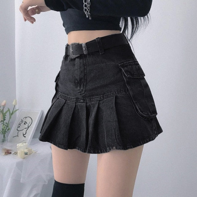 Harajuku Y2k Denim Skirt Women Dark Gothic Streetwear Mini Skirt with Skull Belt Mall Goth Punk Grunge Sexy Emo Clubwear