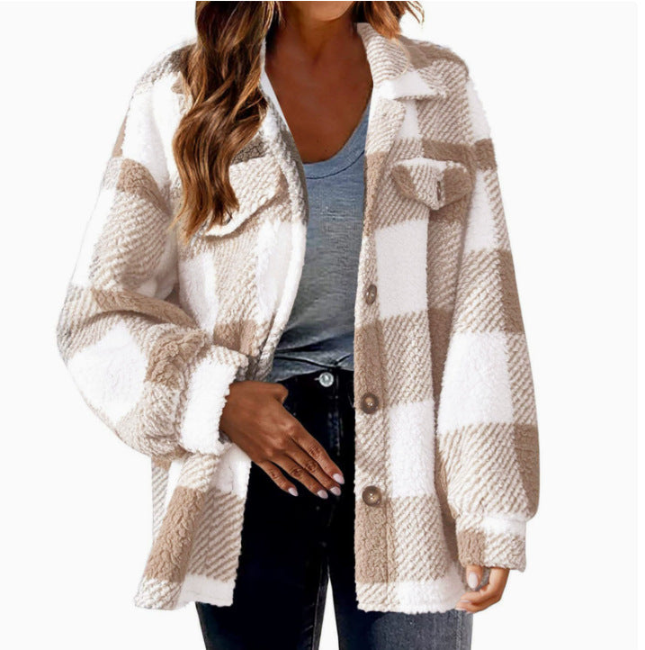 Autumn and Winter Open Button Lapel Plush Plaid Coat Plaid Pattern Button Front Jacket Warm