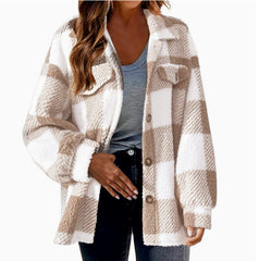 Autumn and Winter Open Button Lapel Plush Plaid Coat Plaid Pattern Button Front Jacket Warm