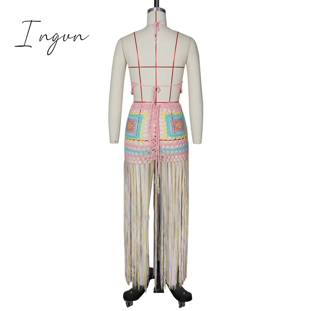 Ingvn - Sexy Crochet Tassel Two Piece Skirt Set Beach Dress Suit Summer Outfit Womens 2 Piece Matching Sets