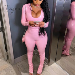 Ingvn - Autumn Pink PU Leather Skinny Top and Flare Pants Hight Wasit Legging Two Piece Set Street Party Clubwear Sexy Bodycon Outfits