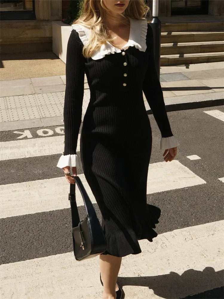 Ruffled Patchwork Knit Maxi Dress For Women Elegant Ribbed Long Sleeve Party Dress Gown Slim Knitwear Fashion Long Dress