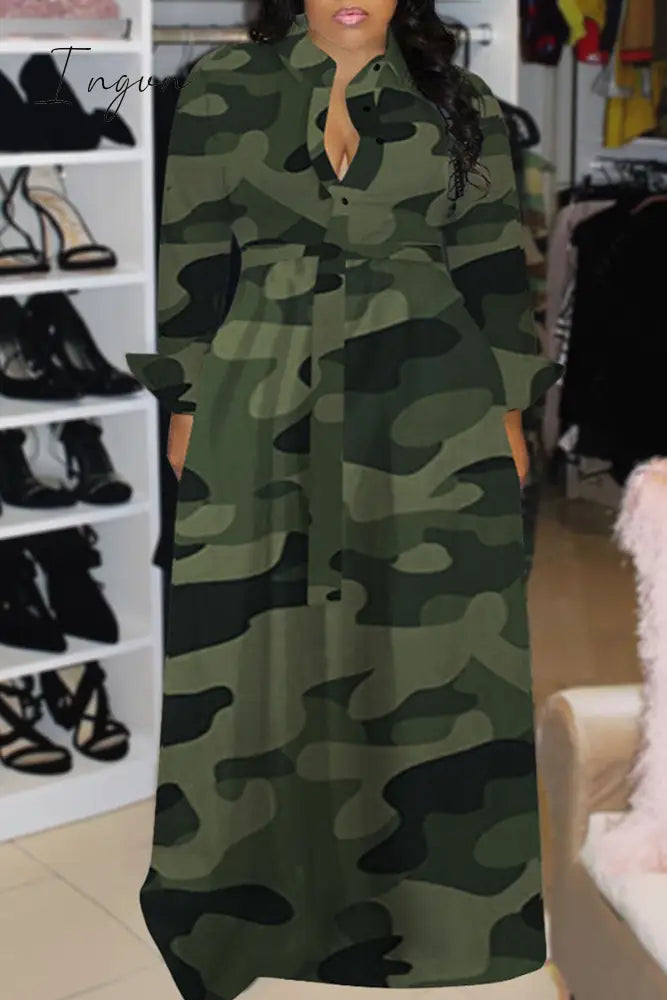 Ingvn - White Casual Print Camouflage Print Bandage Patchwork Buckle Turndown Collar Long Dress Plus Size Dresses