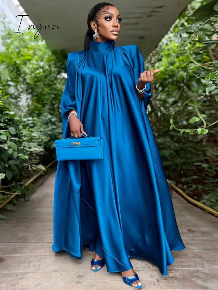 Ingvn - Women Oversized Dresses Mock Neck Batwing Sleeve Loose Large Sparkly Robes Vintage Blue Party Event Occasion Christmas Gowns