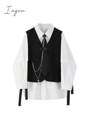 Ingvn - Spring Autumn Women's Two-Piece Sets Streetwear Fashion Tooling Style Vest And Solid Loose Long Sleeve Shirts Female Suit