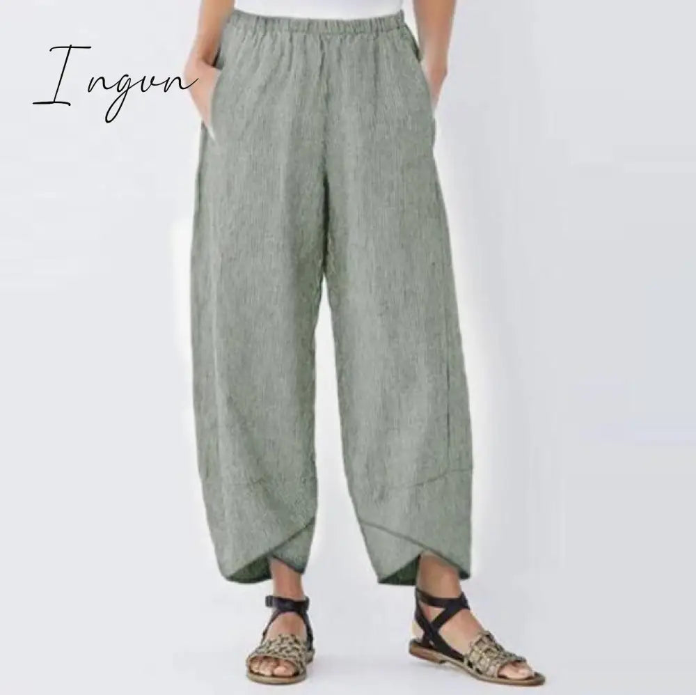 Ingvn - Vintage Harem Pants Women Casual Loose Printed Elastic Waist Cotton Linen Wide Leg Pants Summer Irregular Pantalon Cropped Pants