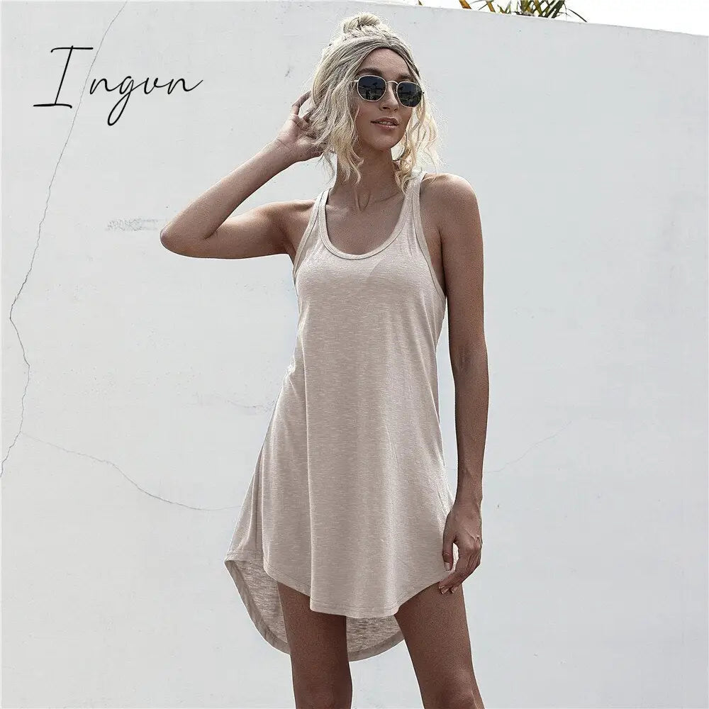 Ingvn - Solid Casual O-neck Sleeveless Tank Dress Women Loose Off Shoulder Asymmetrical Cotton Mini Dress