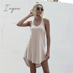 Ingvn - Solid Casual O-neck Sleeveless Tank Dress Women Loose Off Shoulder Asymmetrical Cotton Mini Dress