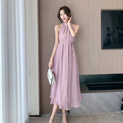 Elegant Party Beach Chiffon Bandage Midi Dresses for Women Summer New Sleeveless Neck-mounted Loose Casual Female Clothing